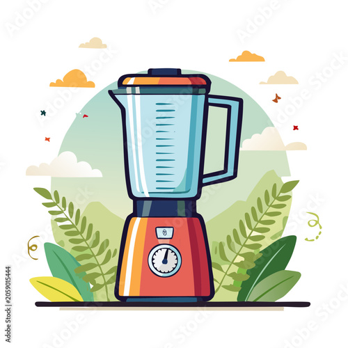 Flat vector illustration of a kitchen blender with nature background