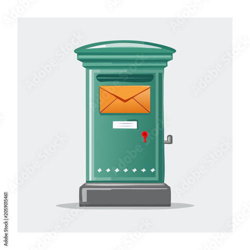 Green postal mailbox with orange envelope illustration