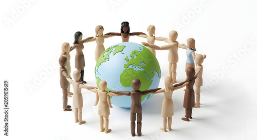 AI generated 3D illustration of a diverse group of wooden figures holding hands in a circle around the Earth globe, symbolizing global unity, teamwork, and multicultural connection.