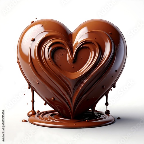 A shiny, melted chocolate heart with a smooth, glossy surface and a smaller heart-shaped cavity within