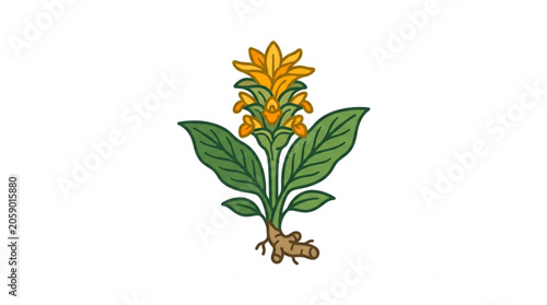 Fotografía Turmeric plant with roots and yellow flower illustration.