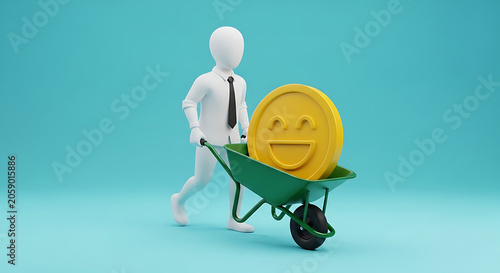 3D character in business attire pushing a wheelbarrow filled with a large gold coin emoji business investment character wheelbarrow corporate marketing currency