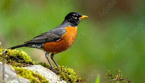 A small bird with a black head, orange chest, and gray wings stands on a mossy rock