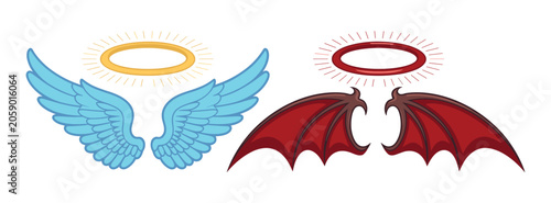 Obraz na plátně Angel and Devil Wings: A symbolic contrast between divine angelic wings with a golden halo and demonic bat-like wings with a red halo, representing the eternal struggle between good and evil