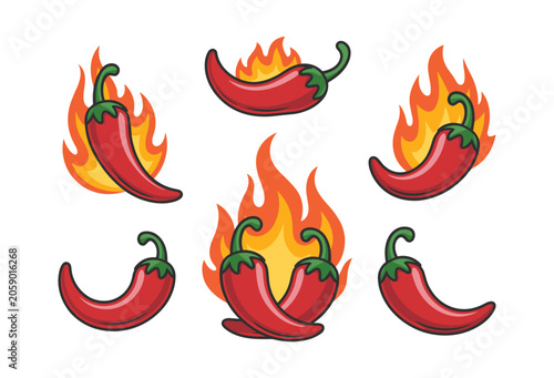 Fiery Chili Peppers Collection: A vibrant set of six red chili pepper illustrations, each depicted amidst stylized flames, showcasing their spicy and intense nature.