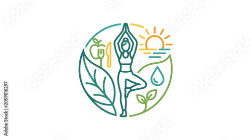 Foto Woman practicing yoga surrounded by symbols of healthy living and nature