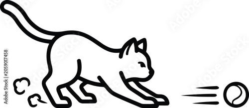 Photography Playful cat chasing a tennis ball line art vector illustration with movement mon
