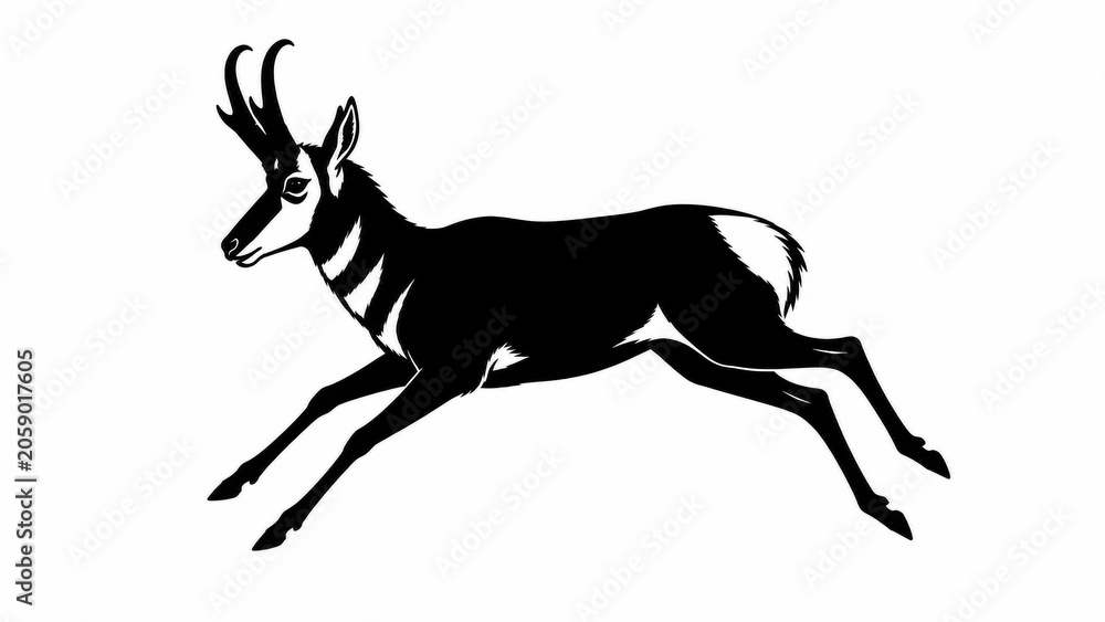 Fototapeta premium Vintage pronghorn antelope illustration, black and white wildlife sketch, running gazelle animal silhouette, hand drawn nature art
