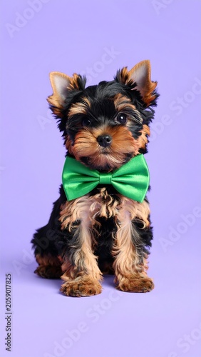 A small black and brown puppy dog wearing a green bow tie sits on a purple background