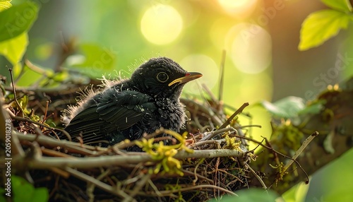 A small black bird sits in a nest surrounded by twigs and greenery