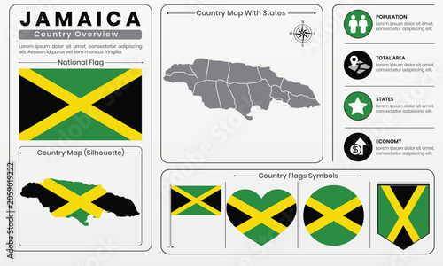 Cuadro en lienzo Jamaica Flag and Country Map Infographic Vector Template with Geographic Informa