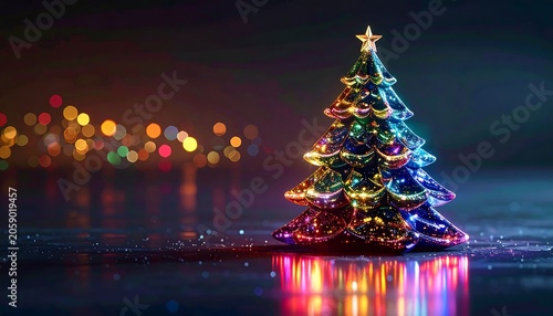 A small, brightly lit Christmas tree on a wet surface at night