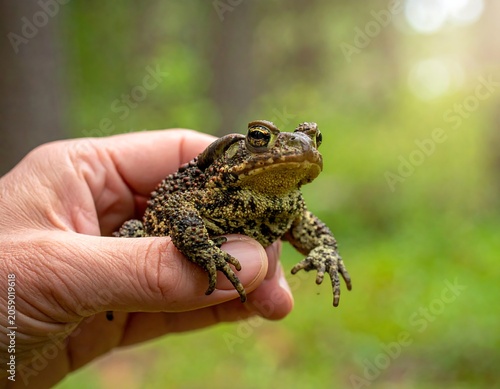 A small brown and black spotted amphibian sits on a human hand