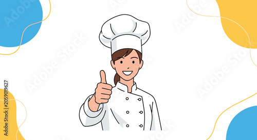 Cheerful female chef in a white uniform and toque gives a confident thumbs-up gesture against a decorative background.