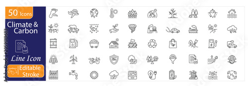 Climate and Carbon icons set. Includes carbon footprint, climate change, emissions reduction, renewable energy, sustainability, and environmental protection symbols. Editable stroke. Line icons.
