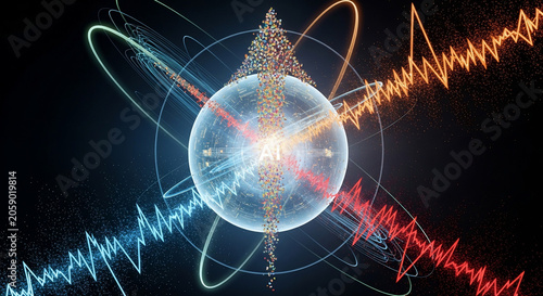 Abstract visualization of quantum energy and data flow with vibrant particle waves, illustrating technology, science, and digital connections.
