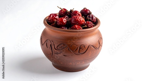 A small, brown clay pot filled with bright red berries on a white background