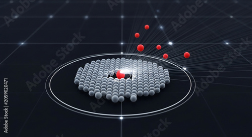 Abstract digital concept of innovation. Red sphere breaking away from a grey network, symbolizing breakthrough or core idea.