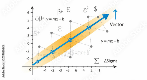 Linear regression graph with vector line showing upward trend, growth, and progression in data analysis, statistics, and mathematical concepts.