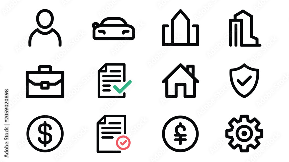Fototapeta premium Flat of twelve diverse business and finance in green and black on white background money dollar