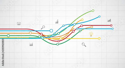 Dynamic colorful lines illustrating data flow, network connections, strategic analysis, business trends, and innovative solutions.