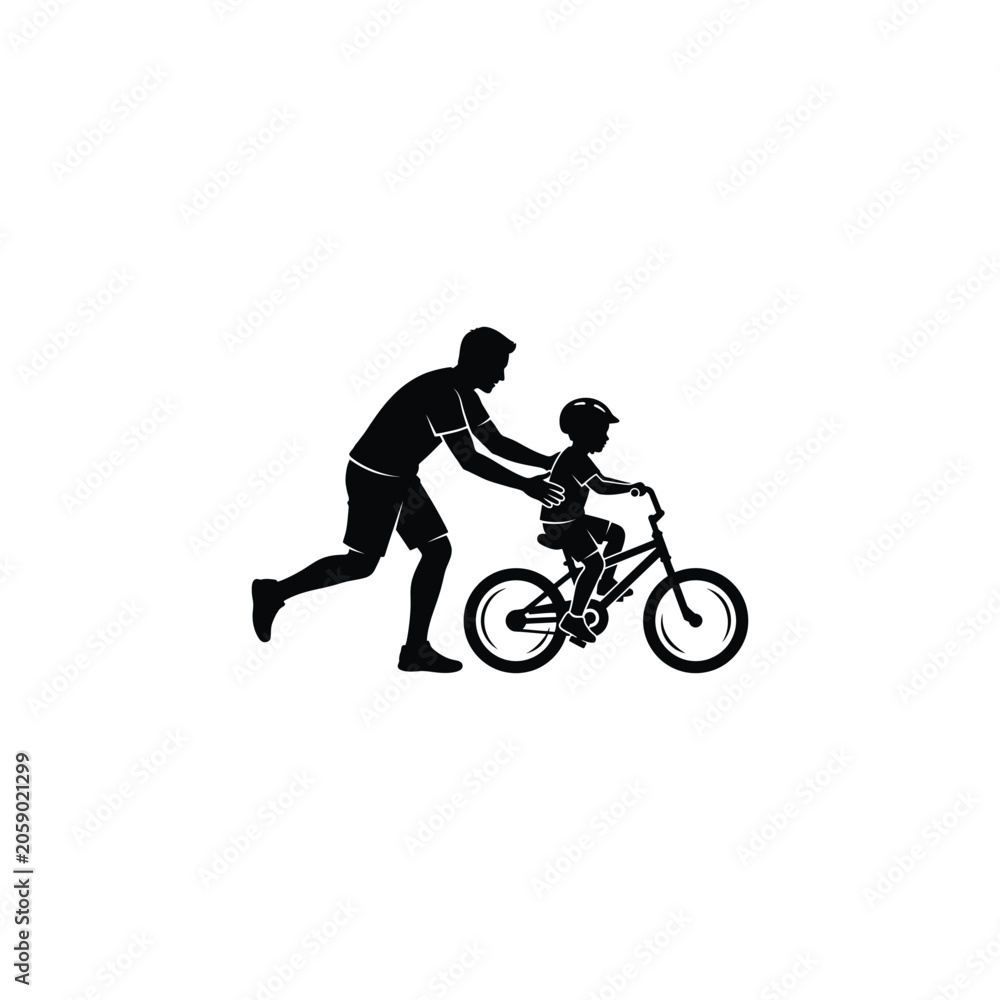 Obraz premium Silhouette of a father teaching his child how to ride a bicycle