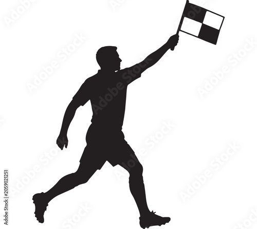 Linesman silhouette runs while holding a checkered flag in the air to signal a referee decision.