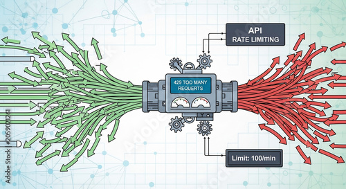 API Rate Limiting Illustration: Managing Too Many Requests, Data Flow Control, and System Overload in a Digital Network