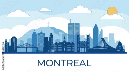 Montreal city skyline horizontal banner featuring a black and white silhouette of iconic landmarks, modern skyscrapers, and historic architecture. 
