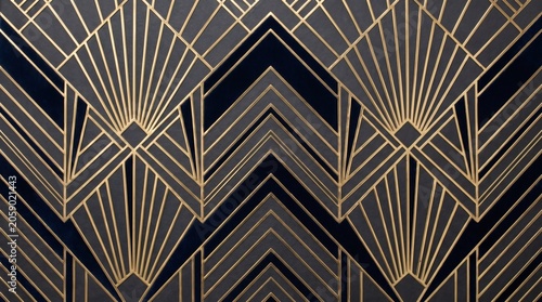 Elegant Art Deco Seamless Pattern with Gold Geometric Lines on Dark Background, Luxury Vintage 1920s Style