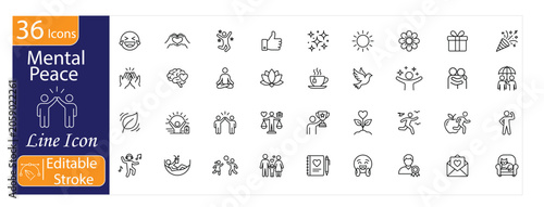 Mental Peace icons set. Includes mindfulness, meditation, relaxation, balance, wellness, and stress relief symbols. Editable stroke. Line icons.
