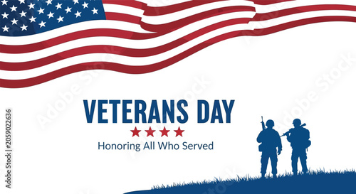 Cuadro en lienzo Veterans day illustration with american flag and silhouetted soldiers honoring s