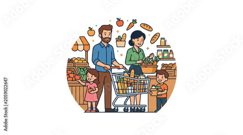Family shopping for groceries together at the supermarket.