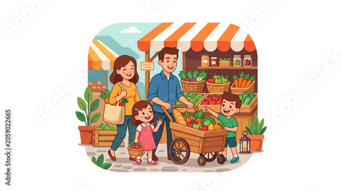 Family Shopping at a Farmers Market Buying Fresh Produce Together.