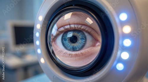Child blue eye viewed through medical scanner lens