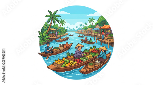 Floating Market Scene with Boats and Tropical Vegetation.