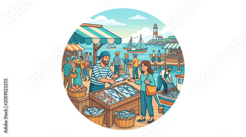 Fisherman selling fresh fish at a bustling outdoor market by the sea.