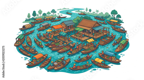 Floating Market Scene With Boats and Buildings.