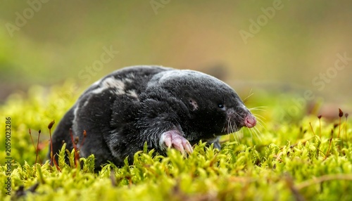 A small, dark-colored mammal with pink snout and paws, on green moss
