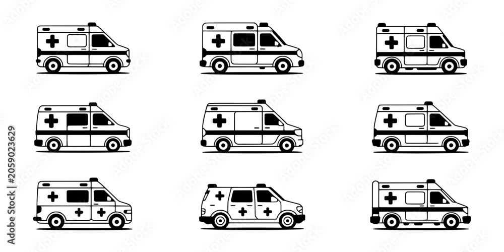 Obraz premium Ambulances in Various Styles and Designs Depicted as Icons Featuring Ambulance, Emergency Vehicle, Medical Transport with Healthcare and Icon
