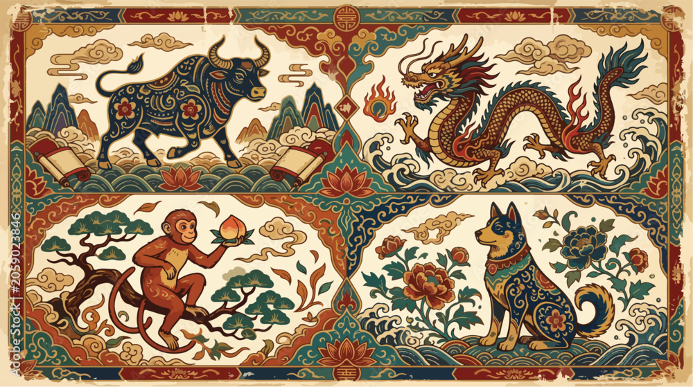 Fototapeta premium Detailed chinese zodiac illustration featuring an ox a dragon a monkey and a dog decorated with traditional floral patterns and vibrant colors on weathered parchment