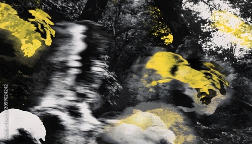 Abstract artistic composition with flowing forms and yellow geometric patterns abstract artistic geometric halftone composition creative movement background contrast minimalist expression