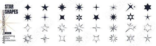 Obraz na płótnie Collection of various sparkling star shapes, including solid and outline designs, ideal for graphic design elements and festive decoration