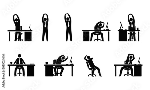 Collection of Office Ergonomics and Stretching Exercise Stick Figures Icons Set
