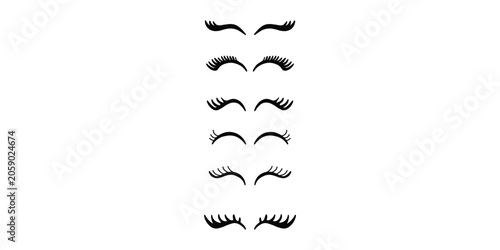 Minimalist black eyelashes vector set, 6 pairs of closed eyes with long lashes, feminine beauty icons for salon branding and makeup packaging