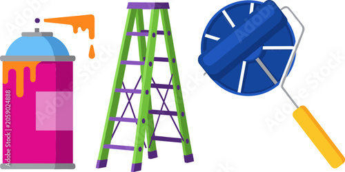Home Renovation and Painting Tool Icon Set Featuring Spray Can, Stepladder, and Paint Roller Vector Illustration for Interior Design Projects
