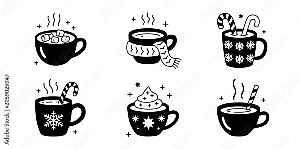 Fototapeta premium Cup of Hot Cocoa Icon with Whipped Cream, Stars and Sparkles, Festive Winter Drink Illustration for Holiday Graphics