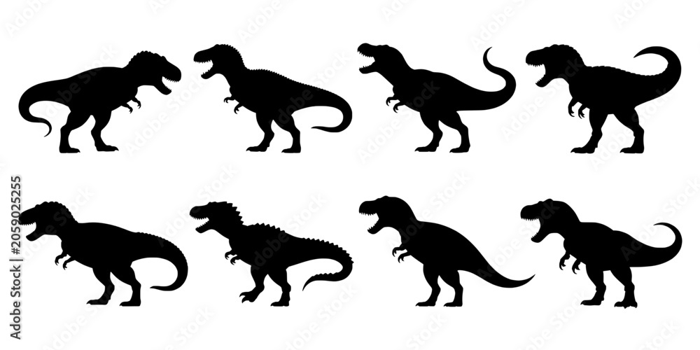 Fototapeta premium Dinosaur Silhouettes on White Background, Vector-Style Icons with Multiple Prehistoric Species in Black