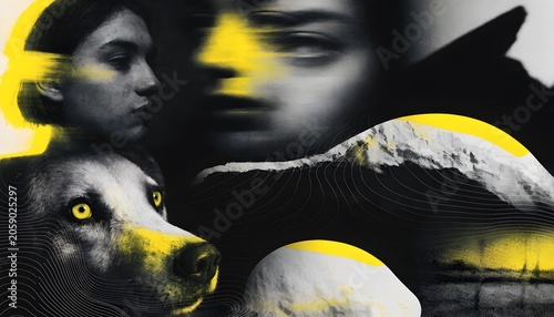 Abstract portrait and animal composite with yellow highlights and digital noise portrait composite abstract expression creative dramatic composition intensity dreamlike artistic contrast