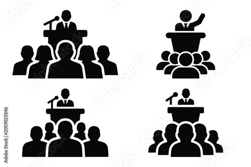 welcome briefing vector icon set. speaking silhouette icons illustration and solid black style